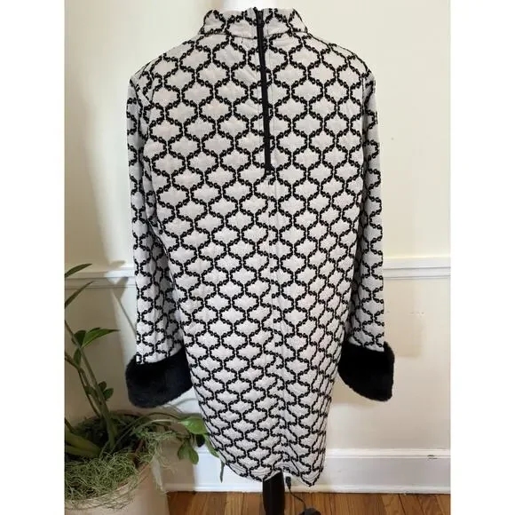 Tyler Boe Black Cream Fur Sleeves Dress Tunic Dress Stunning Mod 60s MIDI Size L - Picture 7 of 16